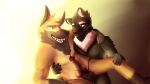  2019 anal anal_penetration animal_genitalia balls canid canine canis domestic_dog felid german_shepherd herding_dog hi_res knot male male/male mammal nude open_mouth pantherine penetration simple_background smile thekinkybear 