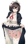  1girl 40hara apron aqua_eyes arm_strap bangs black_dress black_hair black_legwear bow bow_panties breasts cowboy_shot dress dress_lift frilled_apron frills garter_belt highres iya_na_kao_sare_nagara_kozukuri_sasete_moraitai juliet_sleeves large_breasts lifted_by_self long_sleeves looking_at_viewer maid maid_headdress neck_ribbon open_mouth original panties puffy_sleeves red_bow red_neckwear red_ribbon ribbon scowl short_hair simple_background solo thighhighs thighs underwear upper_teeth upskirt v-shaped_eyebrows white_apron white_background white_panties 