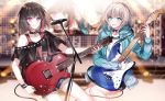  2girls :d aoba_moka aqua_eyes aqua_jacket bang_dream! bass_guitar black_hair black_shirt blurry blurry_background collar electric_guitar grey_hair guitar hood hood_down hooded_jacket instrument jacket lightning_bolt long_sleeves microphone_stand mitake_ran multicolored_hair multiple_girls music nennen off-shoulder_shirt off_shoulder open_mouth padlocked_collar playing_instrument plectrum purple_eyes red_hair scaffolding screen shirt short_hair short_shorts short_sleeves shorts smile stage stage_lights streaked_hair studded studded_bracelet studded_collar 