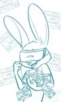  2018 anthro blue_and_white buckteeth clothed clothing english_text fuel_(artist) holding_object lagomorph male mammal meme monochrome open_mouth open_smile rabbit simple_background smile solo teeth text vr_headset vrbit_(comicanon) white_background 