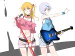  2girls ayanami_rei belt blonde_hair blue_eyes blue_shirt blue_shorts breasts choker cleavage cowboy_shot earrings eyebrows_visible_through_hair grey_shorts hair_between_eyes hair_ornament highres holding holding_instrument holding_microphone instrument jewelry konbari_tariumu long_hair looking_at_viewer microphone midriff multiple_girls navel necklace neon_genesis_evangelion off-shoulder_shirt off_shoulder outstretched_arm pink_shirt red_eyes shirt short_hair short_shorts shorts side_ponytail sideboob silver_hair sleeveless sleeveless_shirt small_breasts smile soryu_asuka_langley standing stomach thigh_gap white_background wristband 