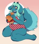  2019 5_fingers absurd_res anthro belly bikini blue_fur breasts burger canid canine canis clothed clothing digital_media_(artwork) domestic_dog female food fur green_hair hair hi_res kneeling mammal orange_eyes overweight simple_background solo swimsuit takiminada 