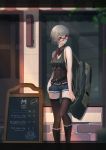 1girl alternate_costume bag belt cafe chalkboard_sign chinese_commentary cleavage_cutout commentary_request door drawing duffel_bag english_text girls_frontline glasses highres lancefate menu_board p7_(girls_frontline) short_shorts shorts sleeveless solo thighhighs vector_(girls_frontline) window 