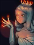  1girl artist_name bellhenge black_background breasts candle crown dress fire gloves glowing long_hair original personification red_eyes shadow solo strapless strapless_dress upper_body white_dress white_gloves white_hair 