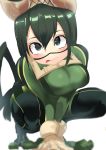  1girl asui_tsuyu black_eyes bodysuit boku_no_hero_academia boots breasts frog_girl gloves goggles goggles_on_head green_bodysuit green_hair hair_rings highres long_hair long_sleeves low-tied_long_hair medium_breasts thigh_boots thighhighs 