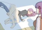  1boy 2girls all_fours barefoot black_sweater blush bottomless breasts caught emiya_shirou fate/stay_night fate_(series) glasses hair_ribbon hands_on_own_knees homurahara_academy_uniform large_breasts long_hair matou_sakura mo_(kireinamo) multiple_girls purple_eyes purple_hair raglan_sleeves ribbon rider sex sweat sweater very_long_hair 