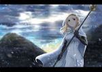  1girl black_gloves blonde_hair blurry blurry_background brown_eyes cape cloud cocoa_1211 cowboy_shot dress elbow_gloves gloves highres long_hair mountain octopath_traveler ophilia_(octopath_traveler) outdoors smile snowing solo staff standing white_cape white_dress 
