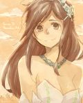  1girl breasts brown_eyes brown_hair cleavage closed_mouth commentary_request dress female final_fantasy final_fantasy_ix garnet_til_alexandros_xvii hair_ornament jewelry long_hair looking_at_viewer medium_breasts neck necklace smile solo square_enix strapless strapless_dress upper_body wedding_dress white_dress 