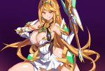  1girl areola_slip areolae bare_shoulders blonde_hair breasts cleavage cleavage_cutout dress earrings gem hair_ornament headpiece hikari_(xenoblade_2) holding holding_sword holding_weapon jewelry large_breasts long_hair looking_at_viewer nintendo smile solo sword thigh_strap tiara tongue tongue_out very_long_hair weapon white_dress xenoblade xenoblade_(series) xenoblade_2 yellow_eyes 