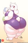  2019 anthro belly big_belly big_butt biped blush boss_monster bovid breasts butt caprine clothing digital_media_(artwork) eyelashes female footwear fur goat hi_res high-angle_view horn huge_butt looking_back mammal nekocrispy obese overweight overweight_female rear_view red_eyes sandals solo swimsuit thick_thighs toriel undertale video_games voluptuous white_fur wide_hips 