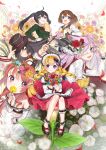  6+girls :d ;) absurdres ahoge amatou_cacao animal animal_ears ankle_cuffs apron bag bare_shoulders bell black_hair blonde_hair blue_eyes blush book bouquet bow braid brown_hair cape cat cat_ears cherry_blossoms closed_mouth commentary_request covering_mouth dress eyepatch floating_hair floral_background flower flower_wreath from_above hair_bell hair_bow hair_flower hair_ornament hairclip hand_in_hair hand_on_headwear hand_up hat head_wreath highres holding holding_book holding_bouquet holding_branch holding_flower jewelry lavender_hair long_hair long_sleeves looking_at_viewer medical_eyepatch multiple_girls necklace on_flower one_eye_closed open_mouth original outstretched_arm petals pigeon-toed pink_eyes purple_eyes red_eyes red_flower red_rose red_skirt rose school_uniform serafuku shoe_bow shoes short_hair shoulder_bag side_braid sitting skirt skull_hair_ornament smile tassel twin_braids twintails very_long_hair white_cat white_dress 