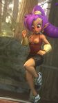  3d_(artwork) 5_fingers absurd_res areola blue_eyes blush breasts capcom clothed clothing digital_media_(artwork) ear_piercing ear_ring eyelashes female footwear genie hair hi_res humanoid jogging lips looking_down nipples not_furry outside owo_sfm piercing pointy_ears ponytail purple_hair shantae shantae_(series) shirt shoes shorts solo tree video_games wardrobe_malfunction wayforward 