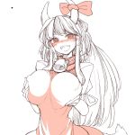  :d bell bell_collar big_breasts blush breasts chiyoshi collar female hair holding_breast horn horn_bow horned_humanoid humanoid keine_kamishirasawa long_hair nipple_outline open_mouth solo teeth touhou video_games 