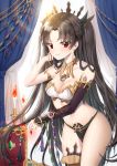  1girl absurdres bangs bare_shoulders black_hair blush breasts candle commentary_request curtains daengdaeng earrings fate/grand_order fate_(series) fire hair_ribbon highres hoop_earrings ishtar_(fate/grand_order) jewelry long_hair looking_at_viewer medium_breasts navel parted_bangs red_eyes ribbon single_thighhigh smile solo thighhighs two_side_up 