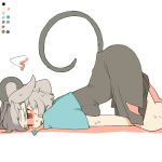  animal_humanoid blush breasts capelet chiyoshi clothed clothing dress female grey_hair hair humanoid lying mammal mouse_humanoid nazrin pendant red_eyes rodent rodent_humanoid short_hair solo sweat touhou video_games 