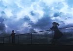  1boy 1girl cloud cloudy_sky hand_on_railing highres lightning long_hair long_sleeves looking_at_another medium_skirt mikami_yui necktie original outdoors profile railing rooftop school_uniform skirt sky standing storm wind 