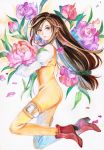  1girl black_hair bodysuit boots brown_eyes closed_mouth commentary final_fantasy final_fantasy_ix flower garnet_til_alexandros_xvii high_heel_boots high_heels highres latex long_hair looking_at_viewer low-tied_long_hair orange_bodysuit princess_ailish smile solo traditional_media watercolor_(medium) 