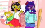  ! 2018 4_fingers anthro biped black_hair breasts brown_eyes cleavage clothed clothing dialogue digital_media_(artwork) domestic_cat english_text eyelashes eyewear felid feline felis female flat_chested fur glasses hair hair_bow hair_ribbon hi_res holding_clothing legwear long_hair looking_at_viewer mammal open_mouth open_smile purple_ears purple_eyebrows purple_fur purple_hair ribbons scorci shirt short_hair shorts skirt smile stockings sweater t-shirt text thigh_highs yellow_ears yellow_fur yellow_tail 