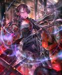  1girl android artist_request black_hair cygames dress embers frilled_dress frills gears gem grey_eyes hand_on_own_chest high_heels long_hair looking_at_viewer mono_garnet_rebel multicolored multicolored_eyes official_art open_mouth red_eyes robot_joints ruins shadowverse sitting slit_pupils solo 
