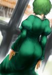  1girl arched_back ass breasts commentary_request dress from_behind green_dress green_hair hip_focus hut large_breasts long_sleeves puffy_sleeves short_hair soga_no_tojiko solo tight_dress touhou window yuugatou_(yuuzutu) 