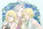  1girl blonde_hair closed_mouth commentary_request dress earrings final_fantasy final_fantasy_ix flower green_eyes ironeden_noel jewelry kuja long_hair mikoto_(ff9) multiple_boys open_mouth ponytail short_hair smile tail zidane_tribal 