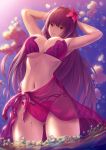  1girl absurdres armpits bikini blue_sky breasts cleavage cloud dutch_angle fate/grand_order fate_(series) flower fujifuji924 gluteal_fold hair_flower hair_ornament hands_in_hair highres large_breasts long_hair navel purple_hair red_eyes sailor_collar scathach_(fate)_(all) scathach_(fate/grand_order) sky solo swimsuit underboob wading water 