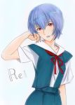  1girl artist_request ayanami_rei bangs blue_hair bob_cut character_name gainax green_skirt hand_on_own_cheek highres long_skirt looking_at_viewer neon_genesis_evangelion open_mouth red_eyes red_ribbon ribbon school_uniform short_hair skirt traditional_media watercolor white_background 