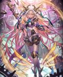  1girl android ankle_wings artist_request blonde_hair blue_eyes crossed_legs cygames energy_wings eyebrows_visible_through_hair full_body gradient_hair holding holding_staff legs_crossed limonia_flawed_saint long_hair looking_at_viewer mechanical_halo multicolored_hair official_art open_mouth petals purple_hair robot_joints shadowverse smile solo staff veil very_long_hair waist_cape watson_cross weighing_scale 