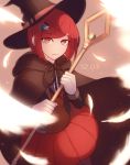  1girl :3 artist_name black_cape black_headwear blazer bob_cut cape commentary_request danganronpa dated eyebrows_visible_through_hair feathers hair_ornament hairclip hat highres holding holding_staff hood jacket looking_at_viewer new_danganronpa_v3 pleated_skirt red_eyes red_hair school_uniform short_hair skirt smile staff tokilos white_feathers witch_hat yumeno_himiko 