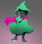  2018 3_toes anthro barefoot black_fur bovid caprine clothed clothing deltarune eyewear floppy_ears fur glasses goat green_clothing gunmouth half-closed_eyes hat male mammal pink_clothing ralsei robe scarf signature solo toes url video_games 