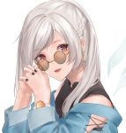  1girl alternate_hairstyle female_my_unit_(fire_emblem:_kakusei) fire_emblem fire_emblem:_kakusei gimurei long_sleeves my_unit_(fire_emblem:_kakusei) nail_polish nintendo open_mouth own_hands_together red_eyes simple_background snk_anm solo sunglasses upper_body watch white_background white_hair wristwatch 