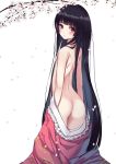  1girl ass bangs black_hair blunt_bangs blush branch cherry_blossoms commentary_request cowboy_shot dress eyebrows_visible_through_hair flat_chest frilled_shirt_collar frills from_behind highres houraisan_kaguya long_hair looking_at_viewer looking_back nipples nude paburisiyasu parted_lips petals pink_dress red_eyes simple_background solo standing touhou very_long_hair white_background 