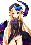  1girl :o abigail_williams_(fate/grand_order) arm_behind_back black_bow black_dress black_headwear black_panties blonde_hair blue_eyes bow breasts bug butterfly butterfly_on_head commentary_request cowboy_shot daive dress dress_lift fate/grand_order fate_(series) gluteal_fold groin hair_bow highres insect long_hair long_sleeves looking_at_viewer orange_bow panties pantyshot pantyshot_(standing) parted_lips polka_dot polka_dot_bow sleeves_past_fingers sleeves_past_wrists solo standing straight_hair underwear upskirt very_long_hair 