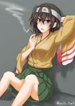  1girl against_wall anti_(untea9) black_hair brown_eyes cigarette commentary_request feet_out_of_frame green_hakama grey_background hakama hakama_skirt headband highres hiryuu_(kantai_collection) japanese_clothes kantai_collection kimono looking_at_viewer one_side_up short_hair short_kimono side_ponytail simple_background sitting smoke smoking solo yellow_kimono 
