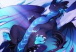  2019 black_scales blue_eyes blue_scales claws digital_media_(artwork) dragon feral frill glowing greame hi_res iridiu lying male scales scalie snow solo stone wings 