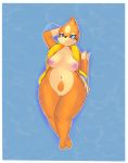  1girl areolae arm_behind_head arm_up barefoot blue_background blue_eyes boiful border breasts breasts_apart closed_mouth creatures_(company) female floatzel full_body game_freak gen_4_pokemon half-closed_eyes happy heart heart_in_eye highres large_areolae legs_together looking_at_viewer lying medium_breasts multiple_tails navel nintendo nipples nude on_back outline paws personification pokemon pokemon_(creature) simple_background smile solo symbol_in_eye tail two_tails uncensored water white_border white_outline wide_hips 