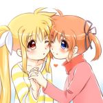  2girls black_ribbon blonde_hair blue_eyes blush couple hair_ornament hair_ribbon hand_holding happy interlocked_fingers kerorokjy long_hair lowres lyrical_nanoha mahou_shoujo_lyrical_nanoha mahou_shoujo_lyrical_nanoha_a&#039;s multiple_girls orange_hair red_eyes ribbon short_hair short_twintails simple_background smile twintails white_background white_ribbon yuri 