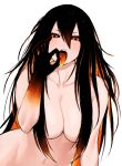  1girl bangs black_hair black_hole black_sclera blush breasts chewing cleavage distortion hair_between_eyes hair_over_breasts highres large_breasts long_hair looking_at_viewer m87_black_hole messy_hair nail_polish orange_eyes original personification planet solo space star survival_yaiba tongue tongue_out 