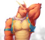  2018 anthro bozi clothing countershade_torso countershading delbin_(spyro) dragon eyebrows hair hand_behind_head hi_res male muscular muscular_male pecs red_eyes red_scales scales scarf sharp_teeth simple_background smile solo spikes spyro_the_dragon teeth vest video_games yellow_countershading yellow_scales 