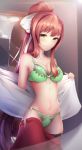  1girl absurdres bangs bow bra breasts brown_hair cleavage closed_mouth collarbone commentary doki_doki_literature_club eyebrows_visible_through_hair green_bra green_eyes green_panties hair_bow highres legs long_hair looking_at_viewer medium_breasts midriff monika_(doki_doki_literature_club) navel panties ponytail smile solo thighs tsukimaru underwear undressing very_long_hair 