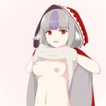  1girl animal_ears areolae breasts cape chirun0 fire_emblem fire_emblem_if grey_hair hood hood_up long_hair looking_at_viewer medium_breasts multicolored_hair navel nintendo nipples open_mouth purple_hair red_eyes shirt shirt_lift simple_background solo streaked_hair undressing upper_body velour_(fire_emblem_if) white_background wolf_ears 
