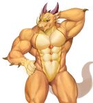  2018 abs absurd_res animal_genitalia anthro biceps dragon genital_slit gohgw1 hand_behind_head hand_on_hip hi_res horn kemono looking_at_viewer male muscular muscular_male ophion scalie slit solo tokyo_afterschool_summoners video_games 