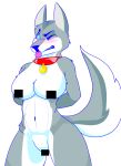  absurd_res anthro blue_eyes blush breasts canid canine canis censored collar embarrassed female fur grey_fur hands_behind hands_behind_back hi_res mammal one_eye_closed sheenufilms simple_background solo tongue tongue_out white_belly wide_hips wink wolf 