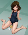 &gt;:) 1girl bangs bare_arms bare_legs bare_shoulders barefoot blue_swimsuit blush brown_hair closed_mouth commentary_request eyebrows_visible_through_hair hair_over_shoulder long_hair old_school_swimsuit one-piece_swimsuit original red_eyes rohitsuka rubber_duck school_swimsuit smile solo swimsuit translated v-shaped_eyebrows 
