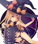  1girl abigail_williams_(fate/grand_order) bangs bare_arms bare_shoulders black_bow black_headwear black_legwear black_panties blonde_hair bow commentary_request eyebrows_visible_through_hair eyes_visible_through_hair fate/grand_order fate_(series) from_above hair_bow hat hat_bow highres keyhole long_hair looking_at_viewer navel oniku_(pixiv_28205308) orange_bow panties parted_bangs polka_dot polka_dot_bow red_eyes single_thighhigh solo stuffed_animal stuffed_toy teddy_bear thighhighs underwear very_long_hair witch_hat 
