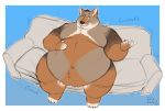  anthro beckoning belly big_belly brown_fur canid canine canis chair_breaking chubby_cheeks claws coyote duly_noted fur hand_on_stomach male mammal moobs navel nipples nude obese obese_male overweight overweight_male sitting smile smirk sofa solo thick_thighs toe_claws 