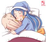  1girl alternate_costume artist_logo bed bed_sheet blanket blue_hair blush cowboy_shot dated drooling eyebrows_visible_through_hair eyes_closed gradient_hair hair_between_eyes hair_ribbon hat highres hug indoors kanon_(kurogane_knights) kantai_collection long_hair long_sleeves lying multicolored_hair on_side open_mouth pajamas pillow pillow_hat ribbon samidare_(kantai_collection) signature simple_background sleeping solo stuffed_toy the_yuudachi-like_creature very_long_hair white_background yellow_ribbon 