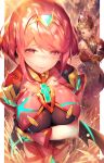  1boy 1girl bandage bandaged_arm bandages bangs blush bodysuit breasts brown_eyes brown_hair commentary_request earrings eyebrows_visible_through_hair gem grin headpiece homura_(xenoblade_2) jewelry large_breasts looking_at_viewer mouth_hold nintendo red_eyes red_hair red_shorts rex_(xenoblade_2) ryuji_(ikeriu) short_hair shorts shoulder_armor smile standing swept_bangs teeth tiara xenoblade_(series) xenoblade_2 