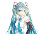  1girl aqua_eyes aqua_hair bare_shoulders detached_sleeves hair_ornament hatsune_miku hiro_chikyuujin long_hair looking_to_the_side necktie shirt shoulder_tattoo sleeveless sleeveless_shirt smirk solo standing tattoo twintails very_long_hair vocaloid white_background white_shirt 