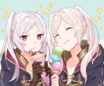  2girls closed_mouth eating eyes_closed female_my_unit_(fire_emblem:_kakusei) fire_emblem fire_emblem:_kakusei food gimurei gloves holding hood hood_down ice_cream ice_cream_cone licking_lips menoko multiple_girls my_unit_(fire_emblem:_kakusei) nintendo red_eyes simple_background tongue tongue_out twintails upper_body white_hair 